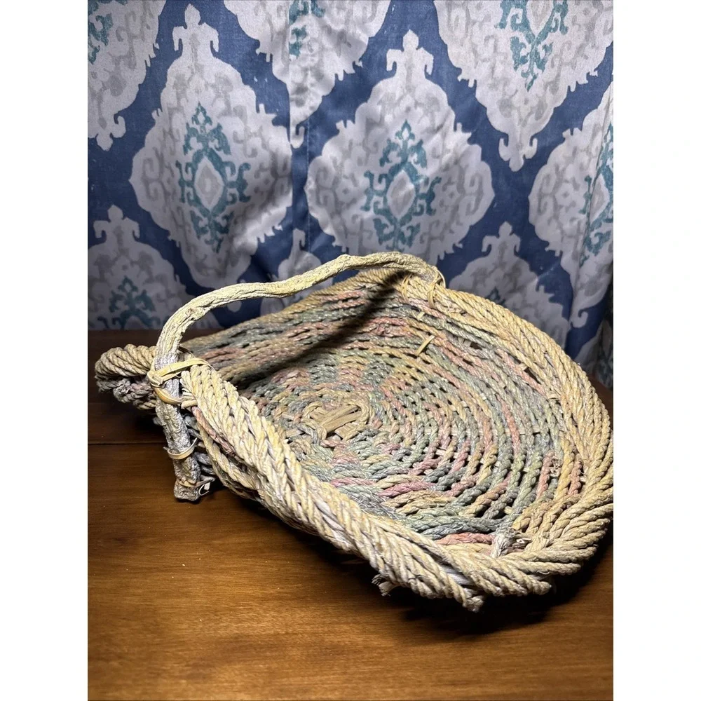 Vintage Rope Gathering Basket‎ Large Distressed Branch Handle Pastel Colors